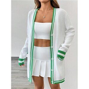Casual Contrast Trim Double Pocket Cardigan, Spring Autumn